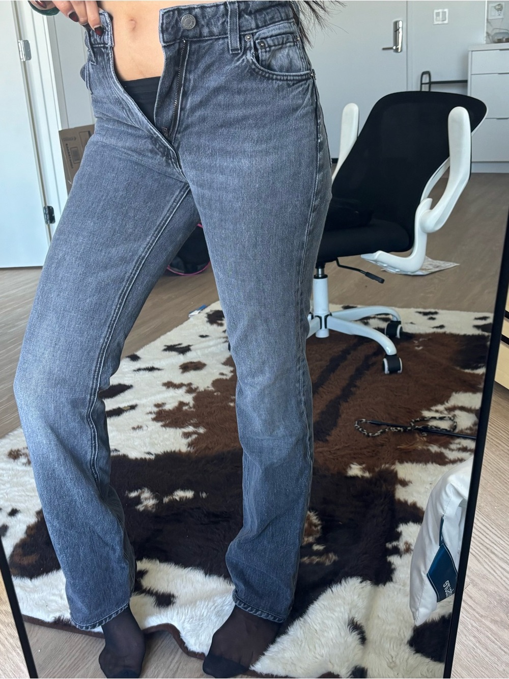 GRLFRND Straight Leg Jeans in Washed Black-Grey